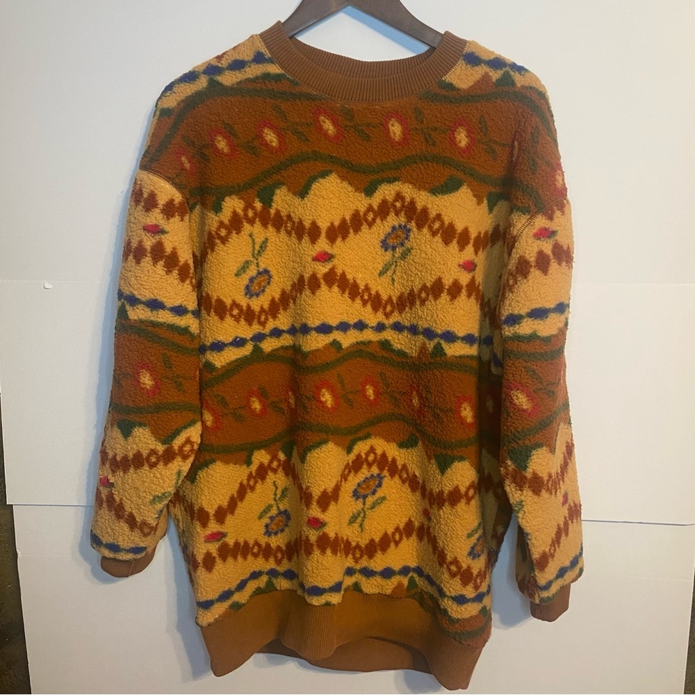 Out From Under Sherpa Crew Neck Pullover Brown Floral Oversized Sweater